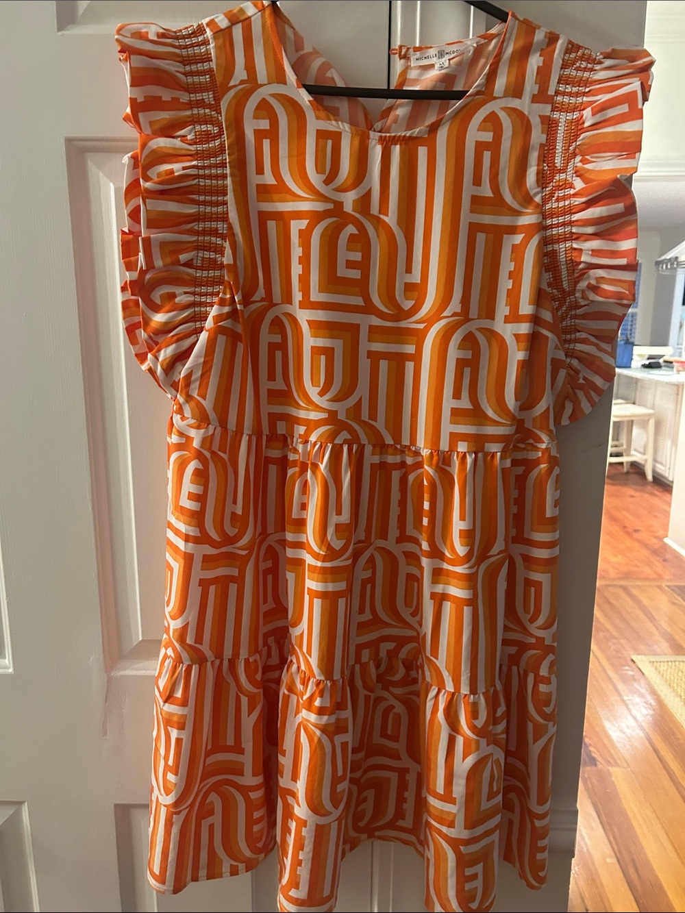 Orange Geometric Ruffle Sleeve Casual Dress -Great for Game Day
